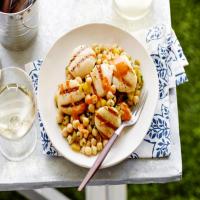 Cumin Grilled Sea Scallops with Chickpea Salad and Red Pepper-Tahini Vinaigrette image
