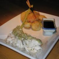 Baked Whole Fish With Tahini Sauce and Tempura Vegetables image