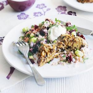 Smoked mackerel with herb & beet couscous image
