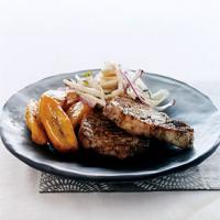 Jerk Pork Chops with Hearts of Palm Salad and Sweet Plantains image