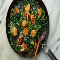 Soy-Butter Basted Scallops With Wilted Greens and Sesame_image