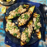 Charred aubergines with white beans & salsa verde image