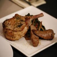 Pork Three Ways: Brined Pork Chops, Fennel-Fontina Sausage, and Swiss Chard with Bacon and Fennel over Polenta Cakes_image