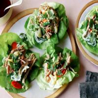 Pork, Veggie and Rice Noodle Lettuce Wraps with Sweet Chili Sauce image