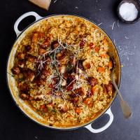 Roasted pumpkin risotto with haloumi pops and chilli syrup_image