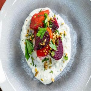 Glazed Beets with Creme Fraiche and Pistachios image