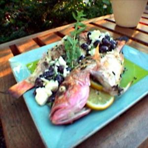 Grilled Whole Red Snapper with Sea Salt and Fresh Oregano Mix and Black Olive and Feta Cheese Relish image