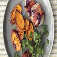 Broiled Bacon-Wrapped Chicken with Sweet Potatoes and Watercress image
