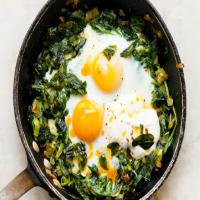 Skillet Baked Eggs with Spinach, Yogurt, and Chili Oil Recipe image