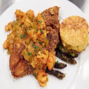 Crawfish Etouffee, Fried Catfish, Rice, Grilled Asparagus and Cornbread image