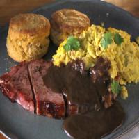 Scrambled Eggs with Sweet Potato Biscuits, Ham Steak and Red-Eye Gravy_image