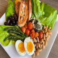 Greens and Beans Salad with Baked Goat Cheese and Jammy Eggs image