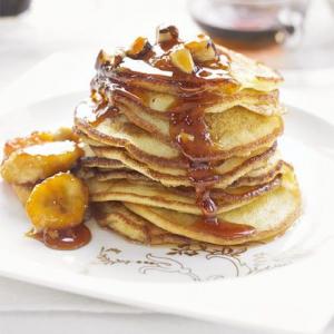 Baby buttermilk pancakes with sticky bananas & Brazils image