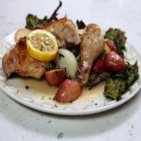 Roasted Chicken Dinner with Potatoes and Artichokes on a Bed of Crispy Kale image