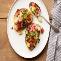 Panzanella Tomato Toast with Crispy Capers and Basil Leaves image