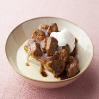 Pumpkin Bread Pudding with Spicy Caramel Apple Sauce and Vanilla Bean Creme Anglaise image