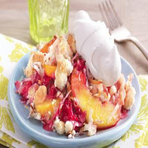 Peach and Raspberry Crumble with a Browned Butter Coconut Topping_image