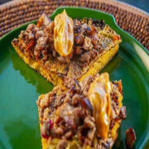 Green Chile Cornbread Skillet with Crispy Pork and Spicy Honey Butter image