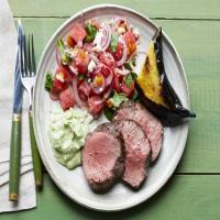 Beef Tenderloin with Basil Crema with Watermelon-Basil Salad and Grilled Plantains image