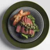 Seared Tuna with Olive-Tapenade Vinaigrette and Arugula image