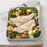 Trout traybake with minty hollandaise image