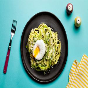 Fettuccine with Asparagus, Beet Green Pesto, and Poached Egg_image