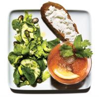 Spiced Tomato Cooler With Herb Salad and Goat-Cheese Toasts_image