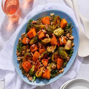 Miso Maple Brussel Sprouts and Sweet Potatoes with Lentils image