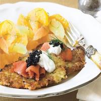 Potato Latkes with Smoked Salmon, Caviar, and Tarragon Crème Fraîche image