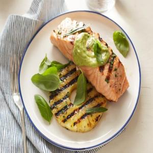 Grilled Salmon and Pineapple with Avocado Dressing_image