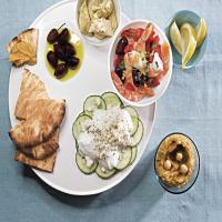 Meze Platter with Hummus, Shrimp Salad, and Cucumber Salad_image