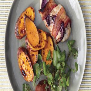 Broiled Bacon-Wrapped Chicken with Sweet Potatoes and Watercress_image