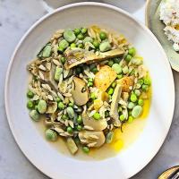 Spring vegetable orzo with broad beans, peas, artichokes & ricotta_image