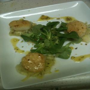 Seared Scallops With Melted Leeks and Pistachio Vinaigrette image