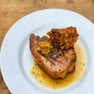 Grilled Chops with Bourbon Glaze and Sweet Potato Fritters image