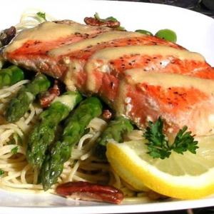 Salmon With Dijon Butter Sauce, Asparagus and Herb Butter Angel Hair Pasta image