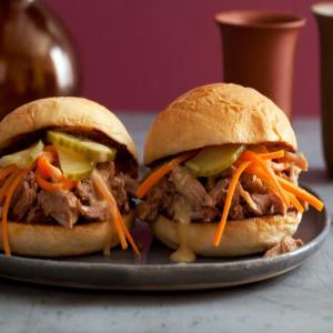 Chinese BBQ Pulled Pork Sliders with Pickled Cukes and Carrots and Sweet-and-Hot Mustard Sauce_image