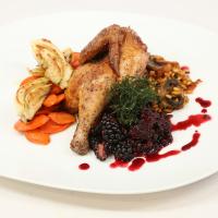 Roasted Poultry, Wild Boar Bacon, and Mushroom Farro with Pan-Roasted Fennel and Carrots image