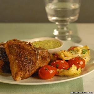Lamb Chops with Pistachio Sauce and Vegetable Saute image