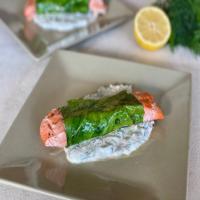 Salmon Wrapped in Collard Greens with Walnut-Yogurt-Dill Sauce_image