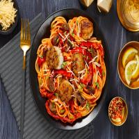 Scallops over Creamy Chorizo Spaghetti with Bell Pepper and Parm_image