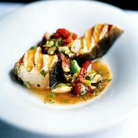 Grilled Halibut with Lima Bean and Roasted Tomato Sauce_image