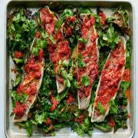 Sheet-Pan Fish With Chard and Spicy Red-Pepper Relish image