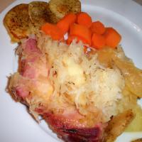 Smoked Pork Chop With Sauerkraut, Potatoes & Applesauce_image