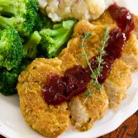 Pumpkin Seed Battered 'Chicken' With Cranberry Cabernet Sauce_image