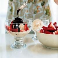 Dulce de Leche Ice Cream with Fresh Strawberries and Mexican Chocolate Sauce image