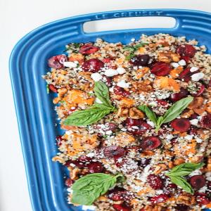 Sweet Potato Quinoa Salad with Cherries, Goat Cheese + Candied Walnuts_image