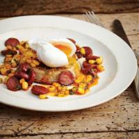 Toasted crumpets with poached eggs, chorizo and sweetcorn_image