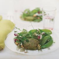 Warm Goat Cheese with Wasabi-Pea Crust, Peas, and Greens_image