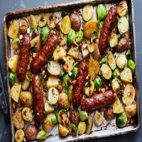Sheet-Pan Sausages and Brussels Sprouts With Honey Mustard image